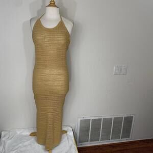 H&M Women's Tan Crochet Halter Top Knit Sheer Stretch Midi Dress Size Medium EUC